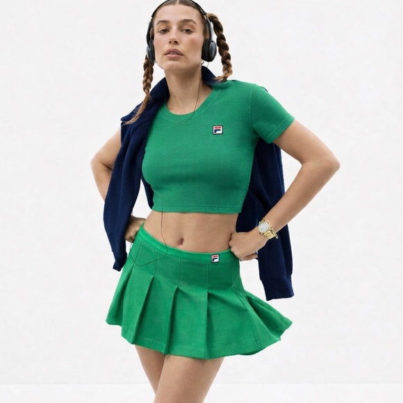 FILA x HAILEY Bieber Green Retro Sport Pleated Mini Skirt & Baby Tee Small 6 Set